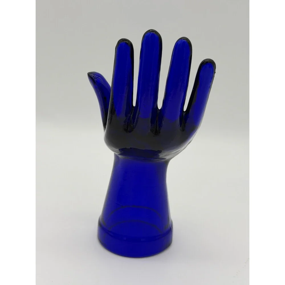 Cobalt Blue Art Glass Ring Holder Jewelry Display Hand 7.5”vintage MCM